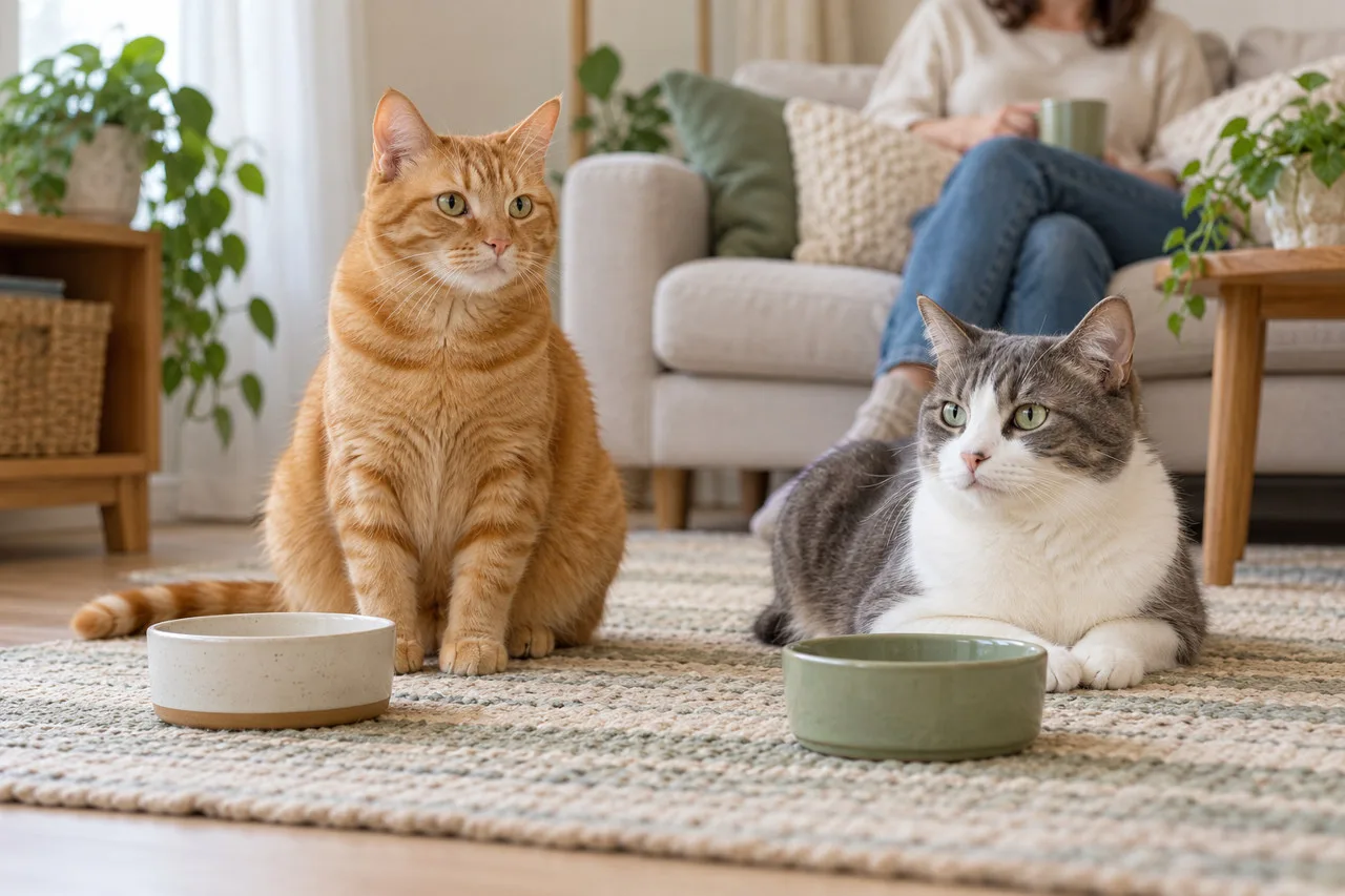 Two cats sitting by separate food bowls in a home